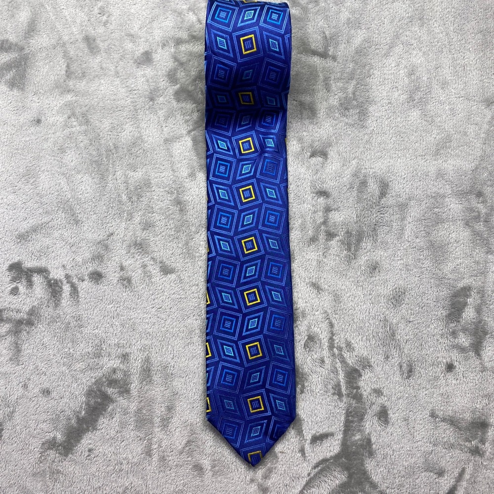 Robert Talbott Silk Geometric Diamond Pattern Necktie Blue Yellow Made in USA